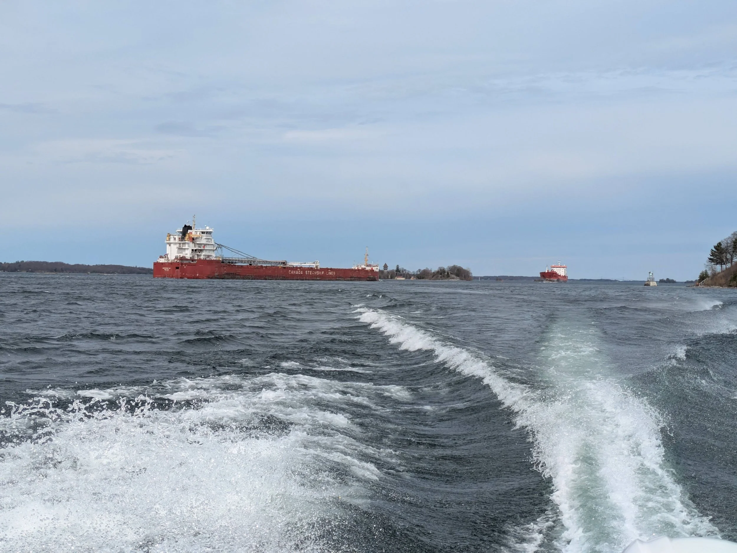 Two freighters pass each other in front of Calumet Island on the St. Lawrence River