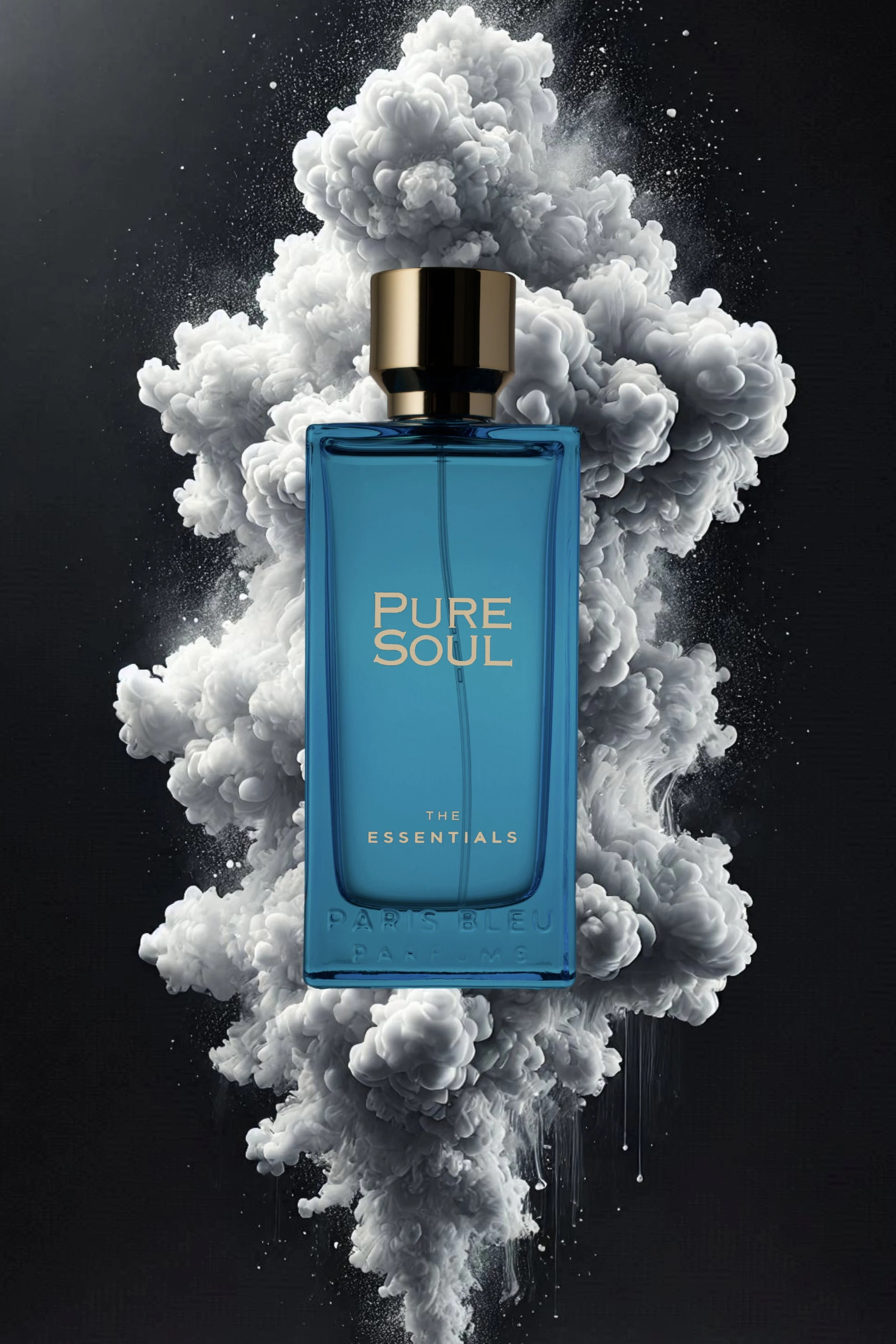 En blå glasflaska Pure Soul parfym med guldkork placerad mot en mörk bakgrund med ett vitt puffigt moln.