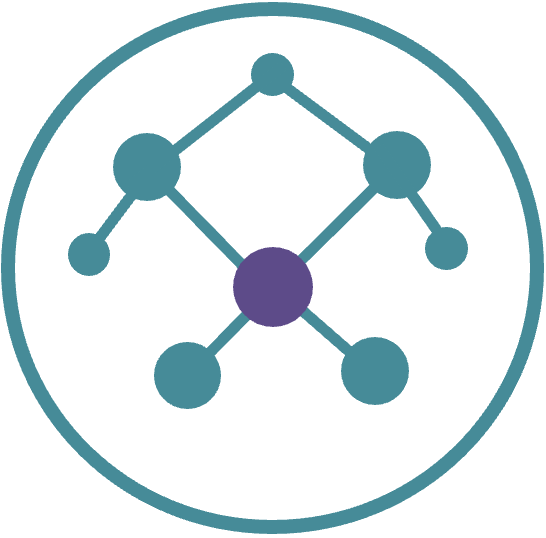 Diagram with connected nodes, central node in purple, surrounding nodes in teal, enclosed in a circle.