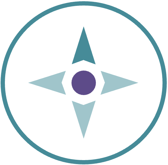 A compass symbol with four arrows pointing north, south, east, and west inside a circle.