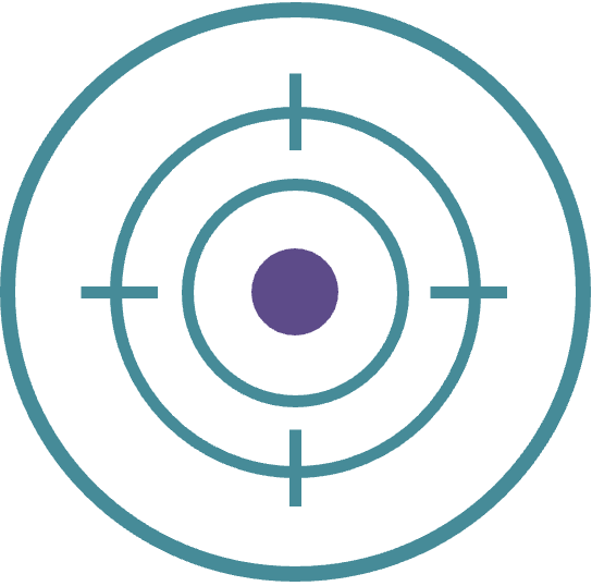Target with concentric circles and crosshairs, blue outlines, purple center.