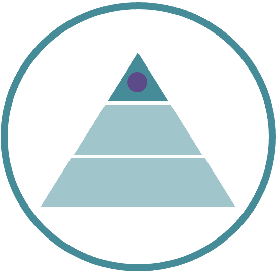 A stylized pyramid with three tiers and a purple circle at the top, enclosed in a circle.