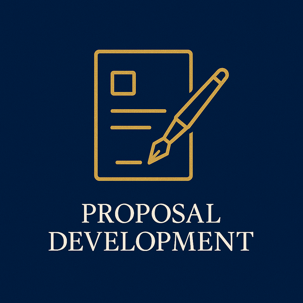 A gold outline of a document with lines of text and a small square at the top left, along with a pen icon, on a dark blue background. Below, the words "ProposaL Development" are written in white. "Proposal and Grant Writers, LLC