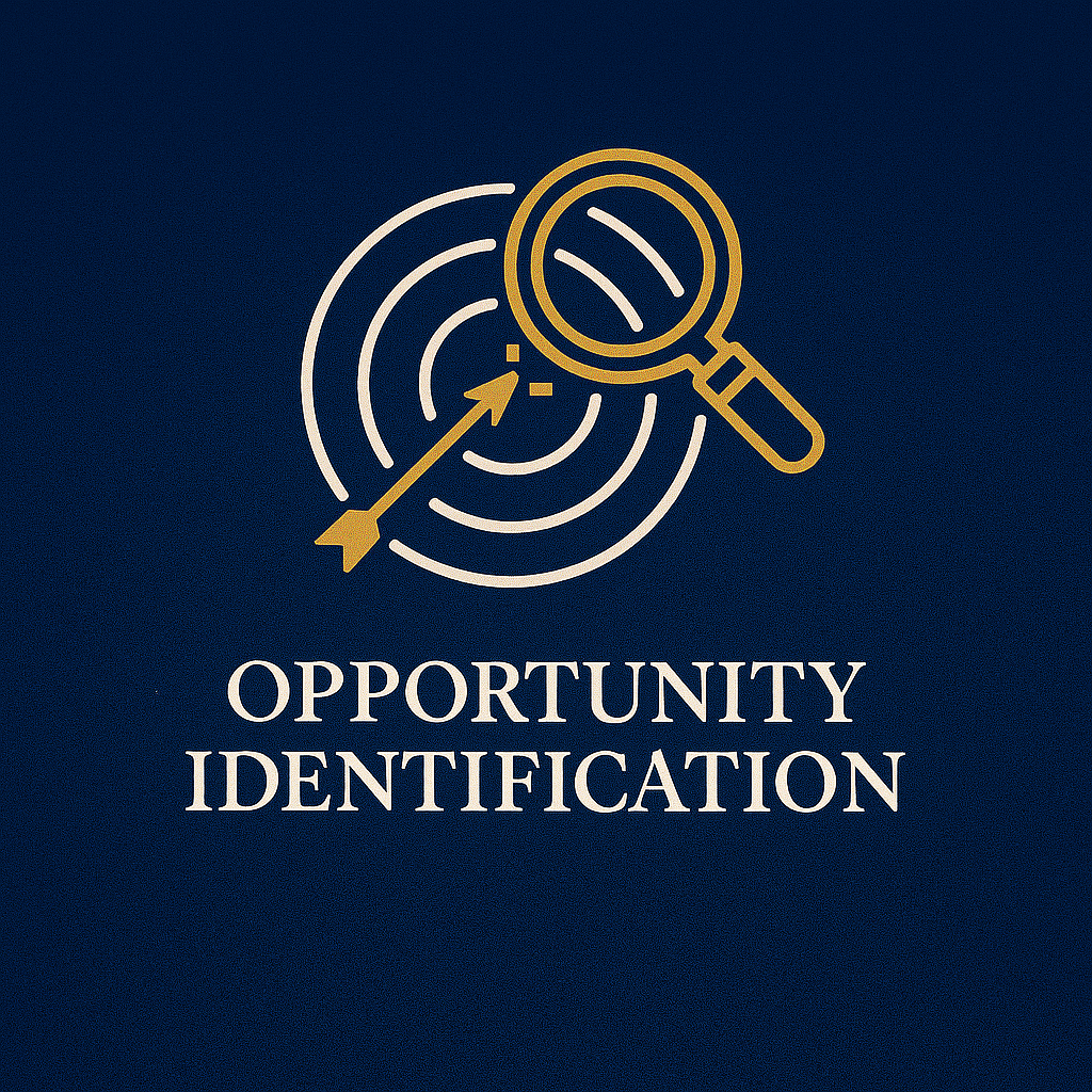 A graphic with a magnifying glass and concentric circles over a target, with an arrow hitting the bullseye, representing opportunity identification. Proposal and Grant Writers, LLC