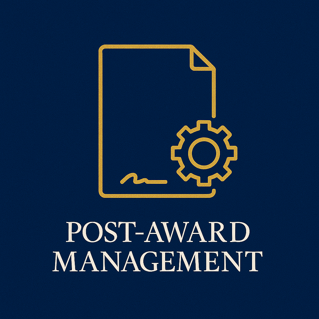 Icon of a document with a gear symbol, and the text "Post-Award Management" below. "Proposal and Grant Writers, LLC