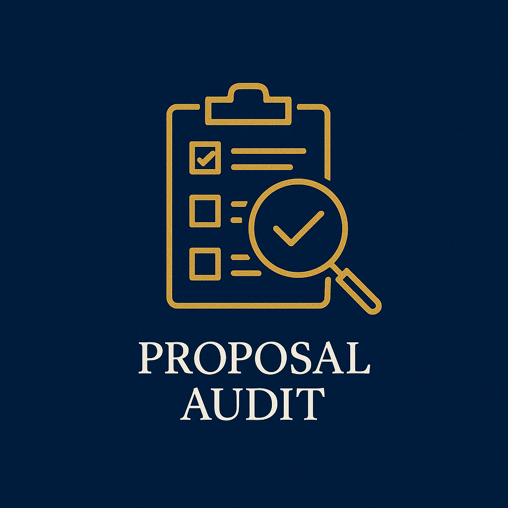 A dark blue background with a gold outline of a clipboard and magnifying glass in the center. The clipboard has check marks and lines indicating a list. Below, the text reads 'Proposal Audit' in white. "Proposal and Grant Writers, LLC