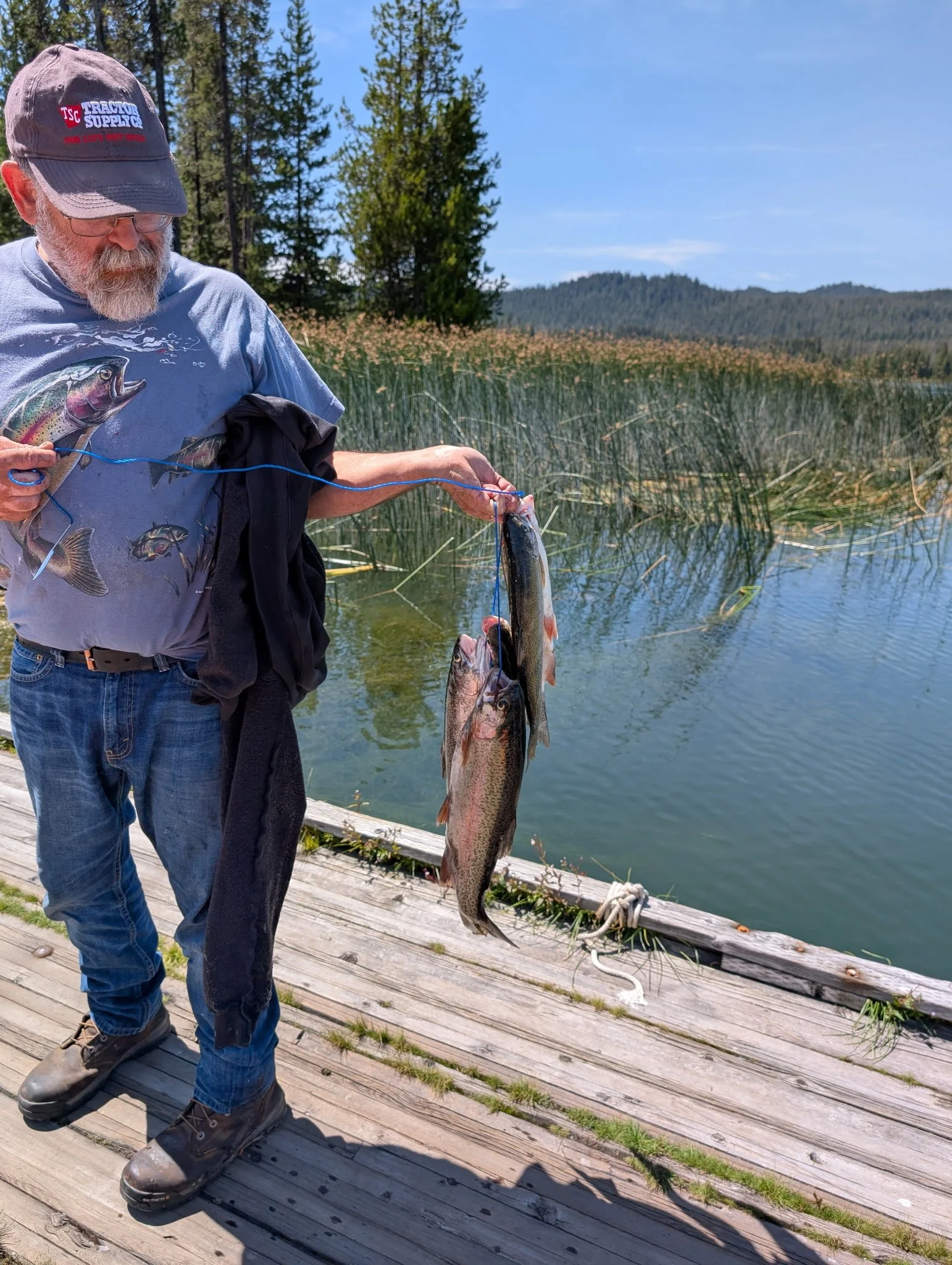 A man standing on a wooden dock by a lake, holding a string with three large fish he caught.
