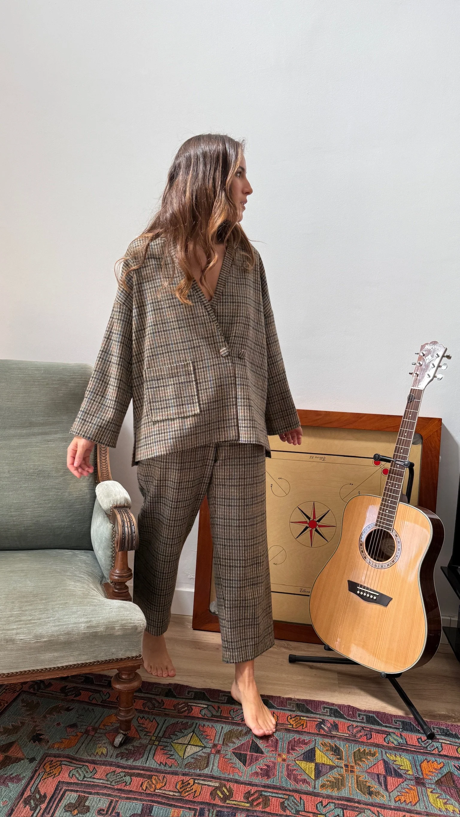 Kimono y pantalón lana virgen tweed tonos tierra