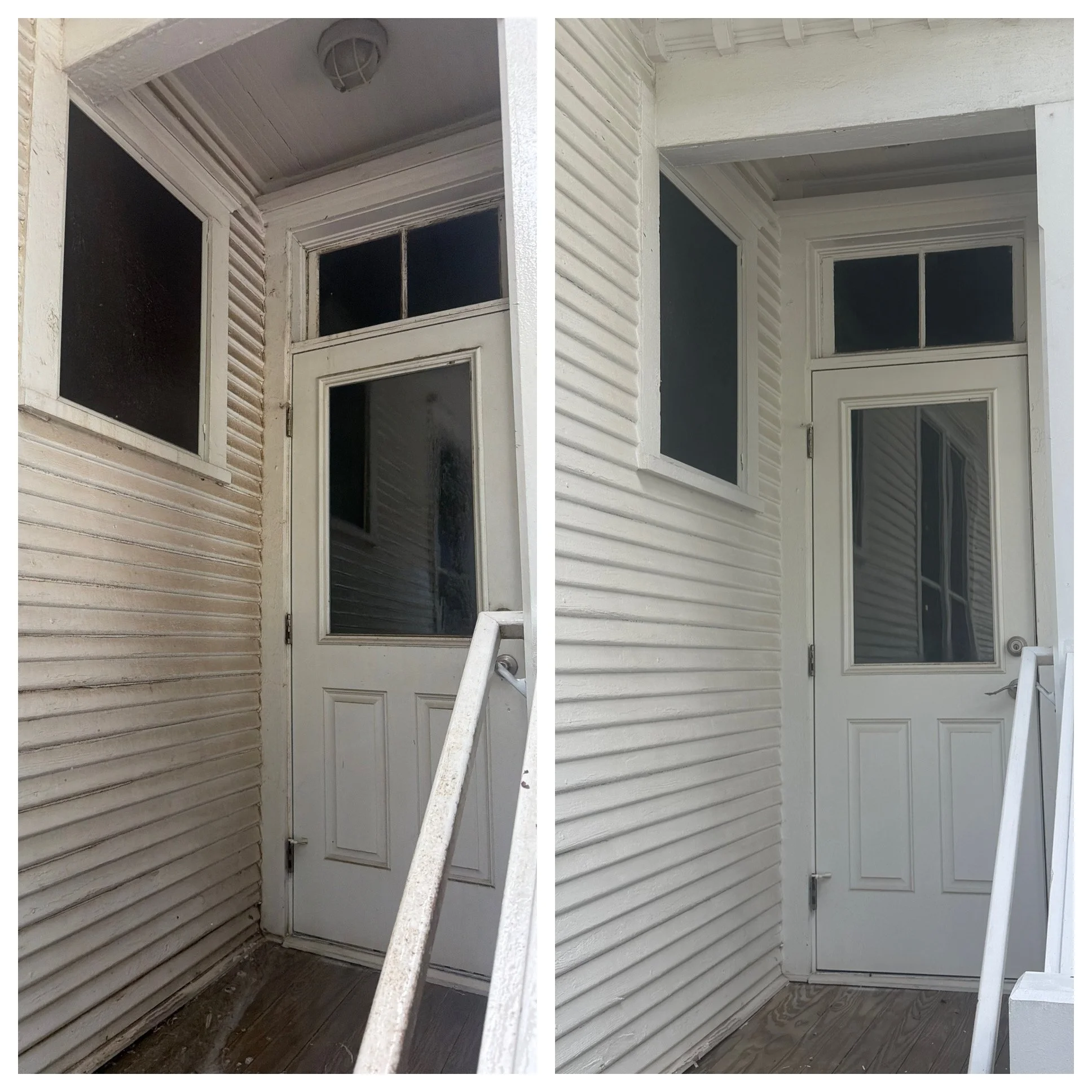 Side-by-side comparison of a house's exterior doorway; the left image shows the doorway with dark, weathered siding and a stained, aged door and window frames; the right image shows the same doorway with freshly painted, bright white siding and clean