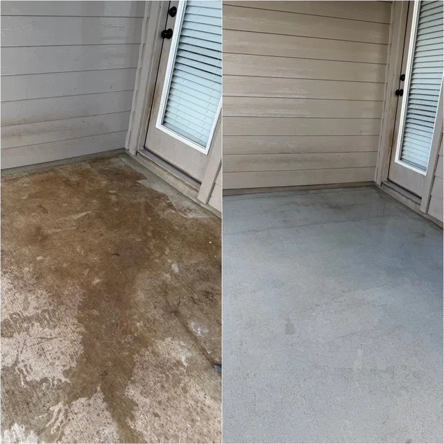 Comparison of a dirty, stained concrete patio before and after cleaning, showing the transformation to a clean, light gray surface.