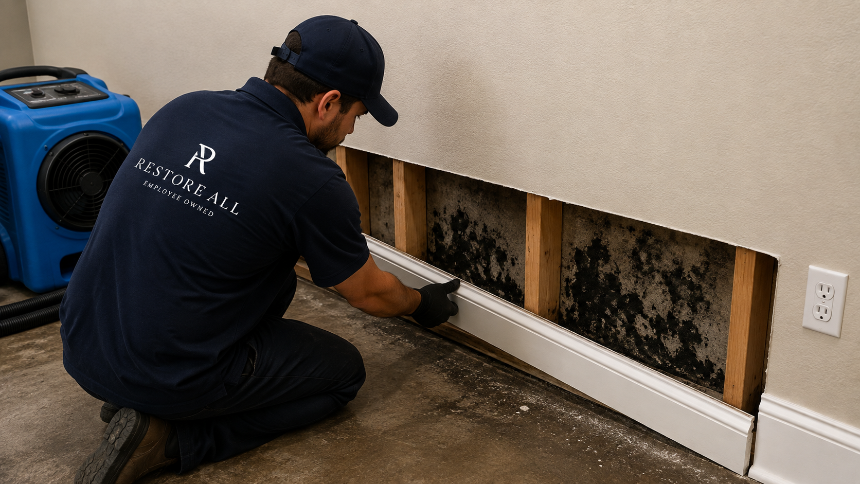 Restoration technician inspecting behind baseboard for hidden mold after water damage