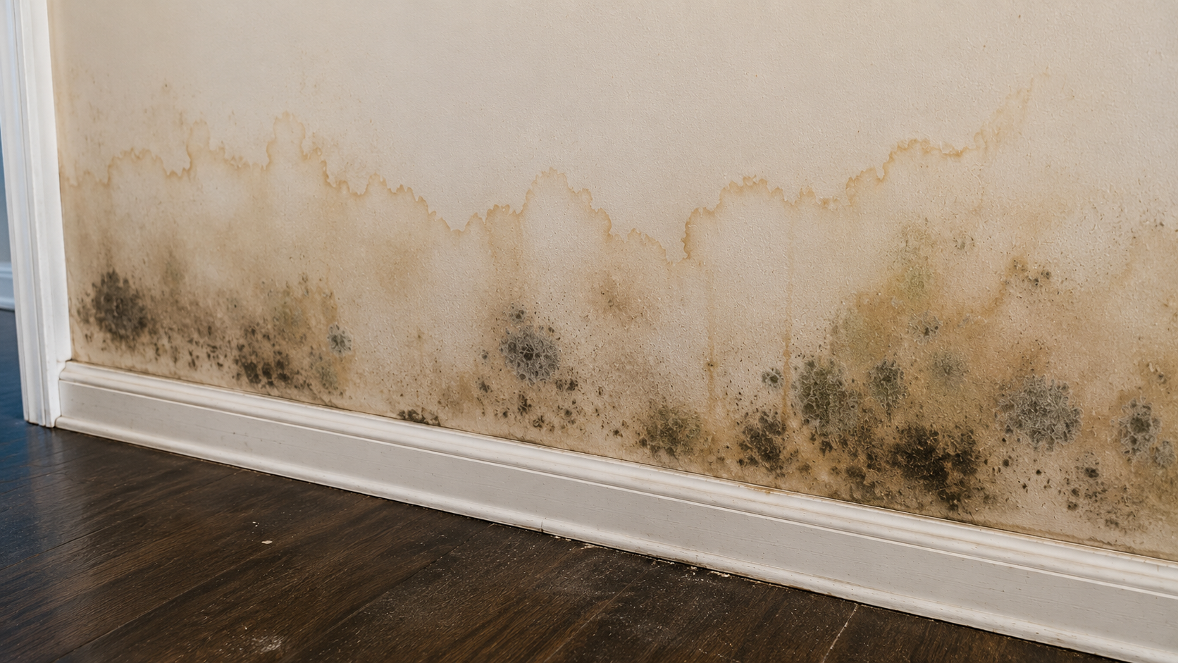 Water stain and early mold discoloration on drywall after flood damage in Marietta GA home