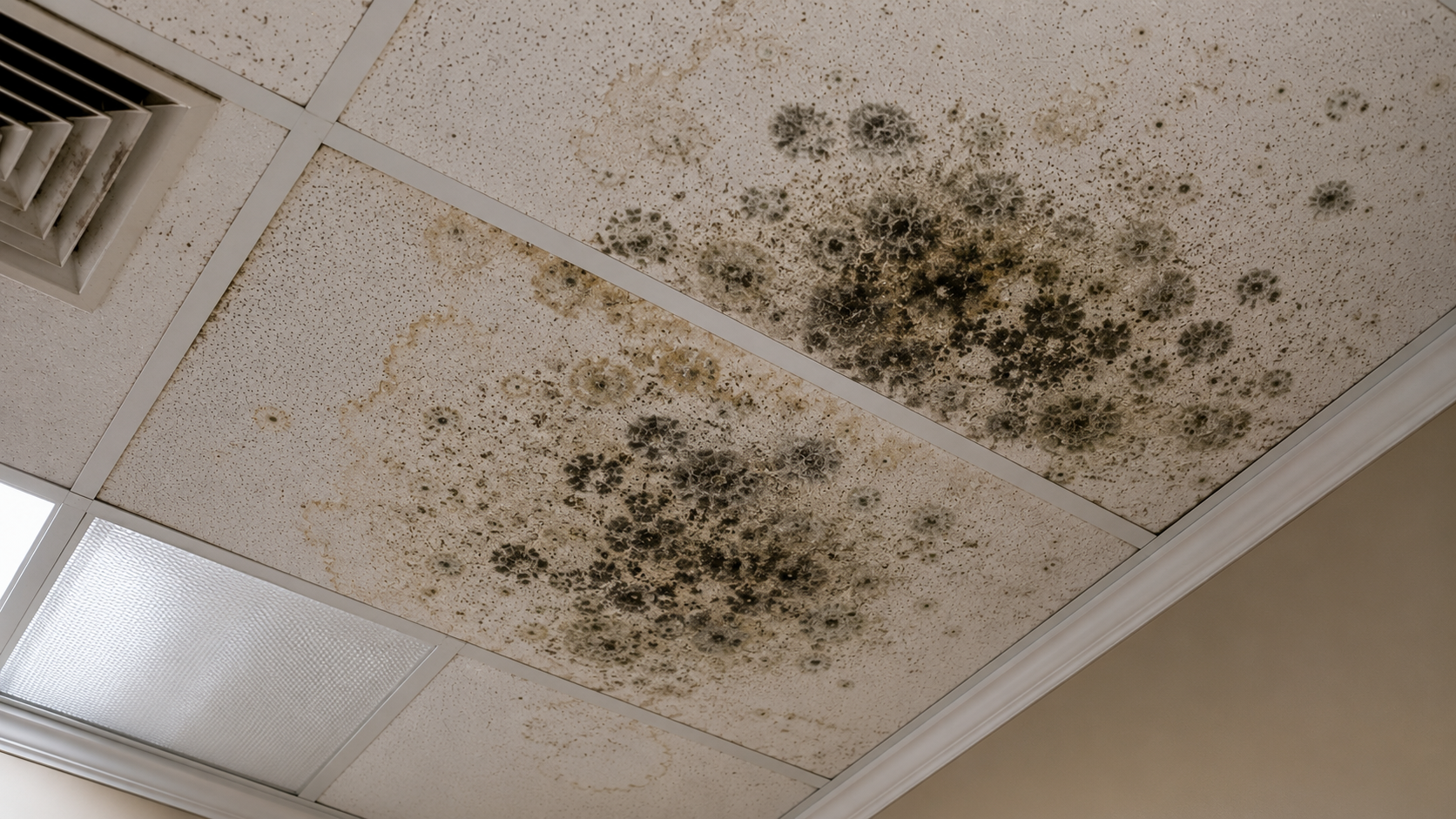 Mold growth on ceiling tile following storm flooding in an Atlanta metro property