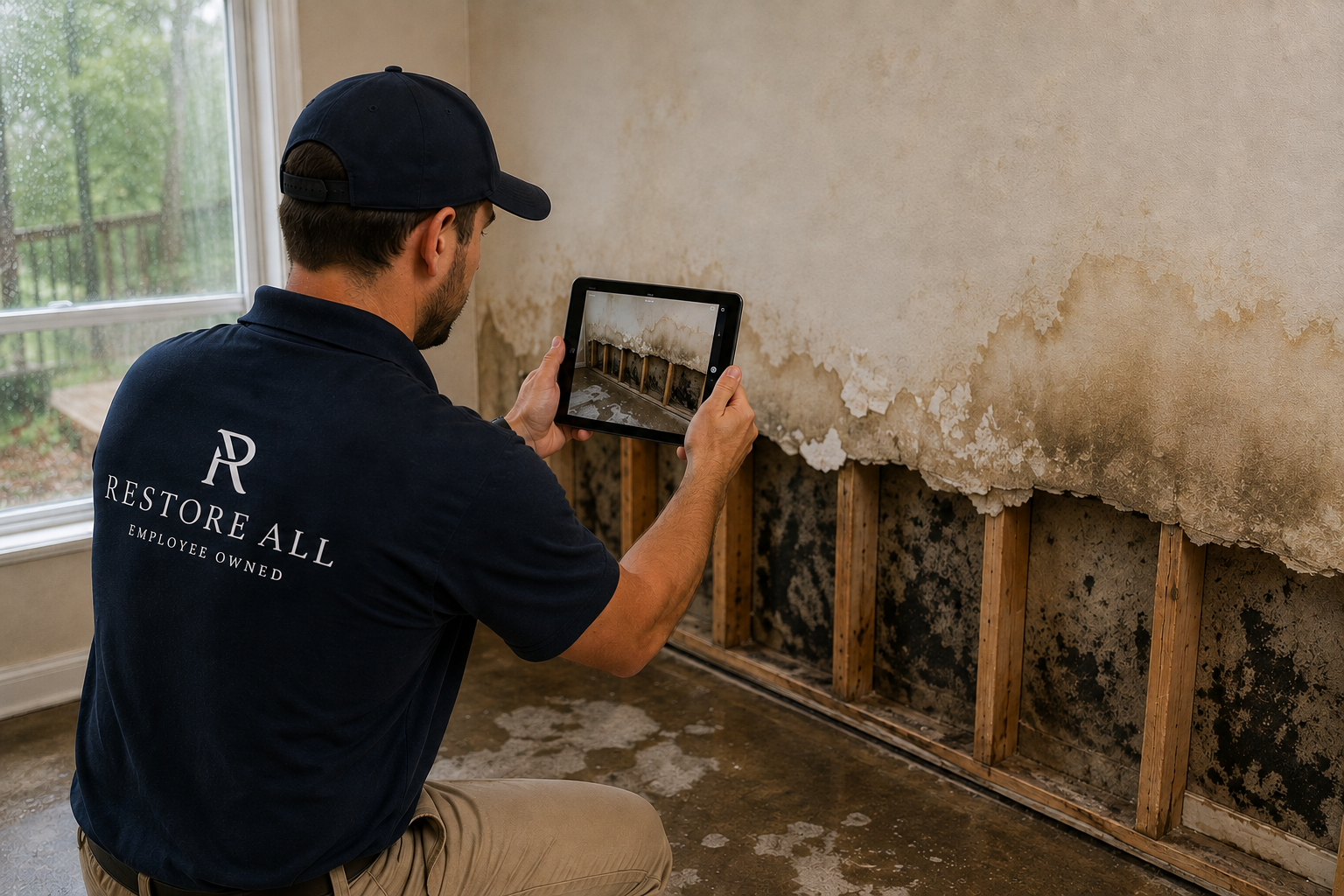 Restoration technician documenting water damage for an insurance claim in Marietta GA
