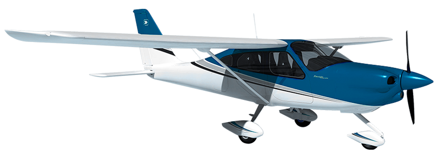 A small, sleek, blue and white single-engine propeller airplane with a black propeller, parked on the ground.
