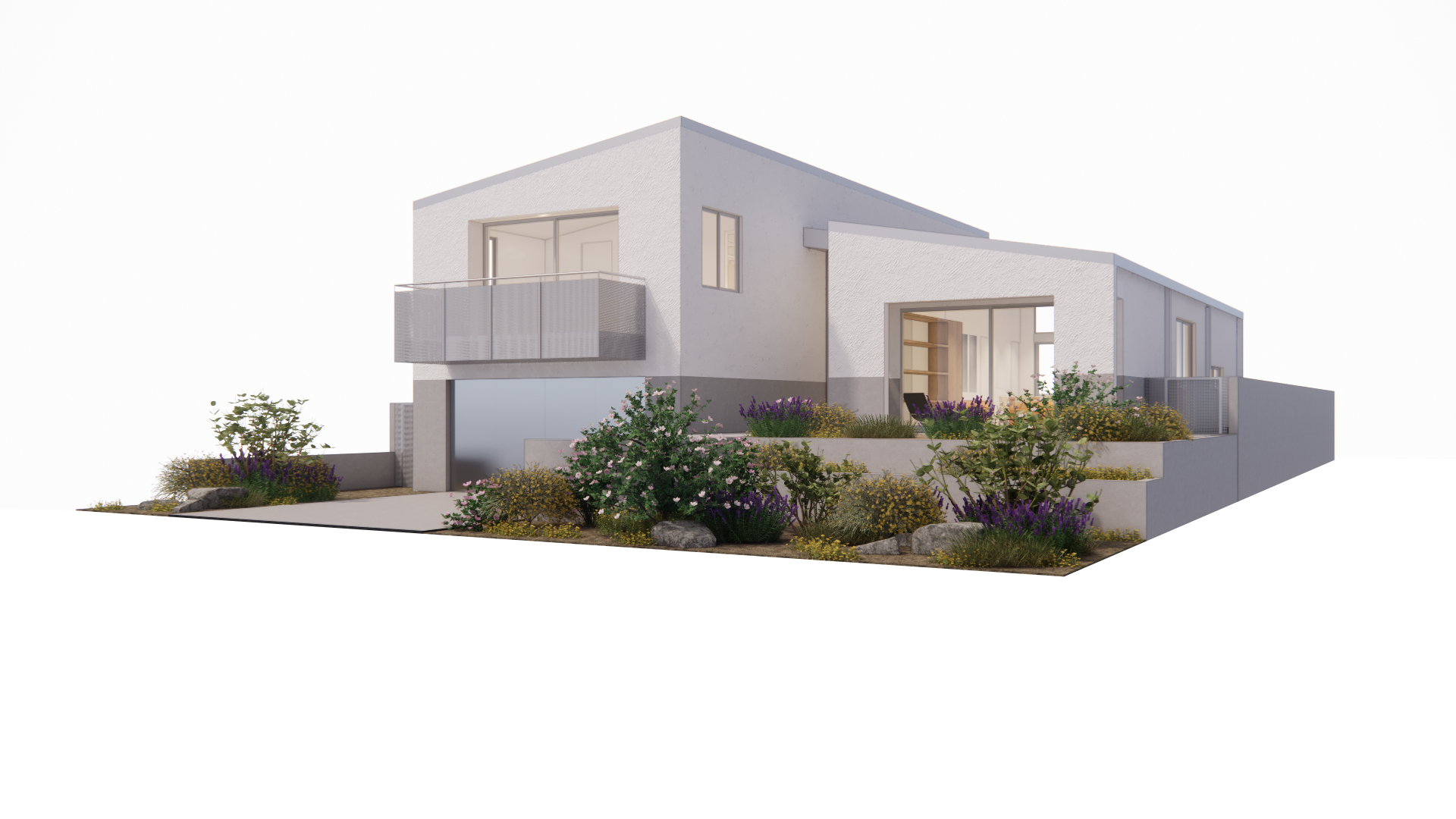 Modern two-story house with a garden and landscaping, featuring white walls, large windows, and balconies on the upper level.