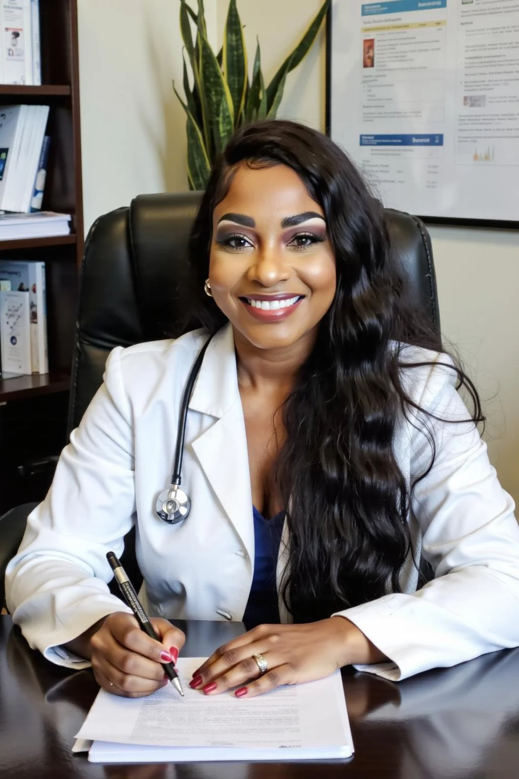 A female doctor with long dark hair, wearing a white coat and a stethoscope, smiling while sitting at a desk and signing documents in an office setting with bookshelves, a large plant, and a medical chart in the background.