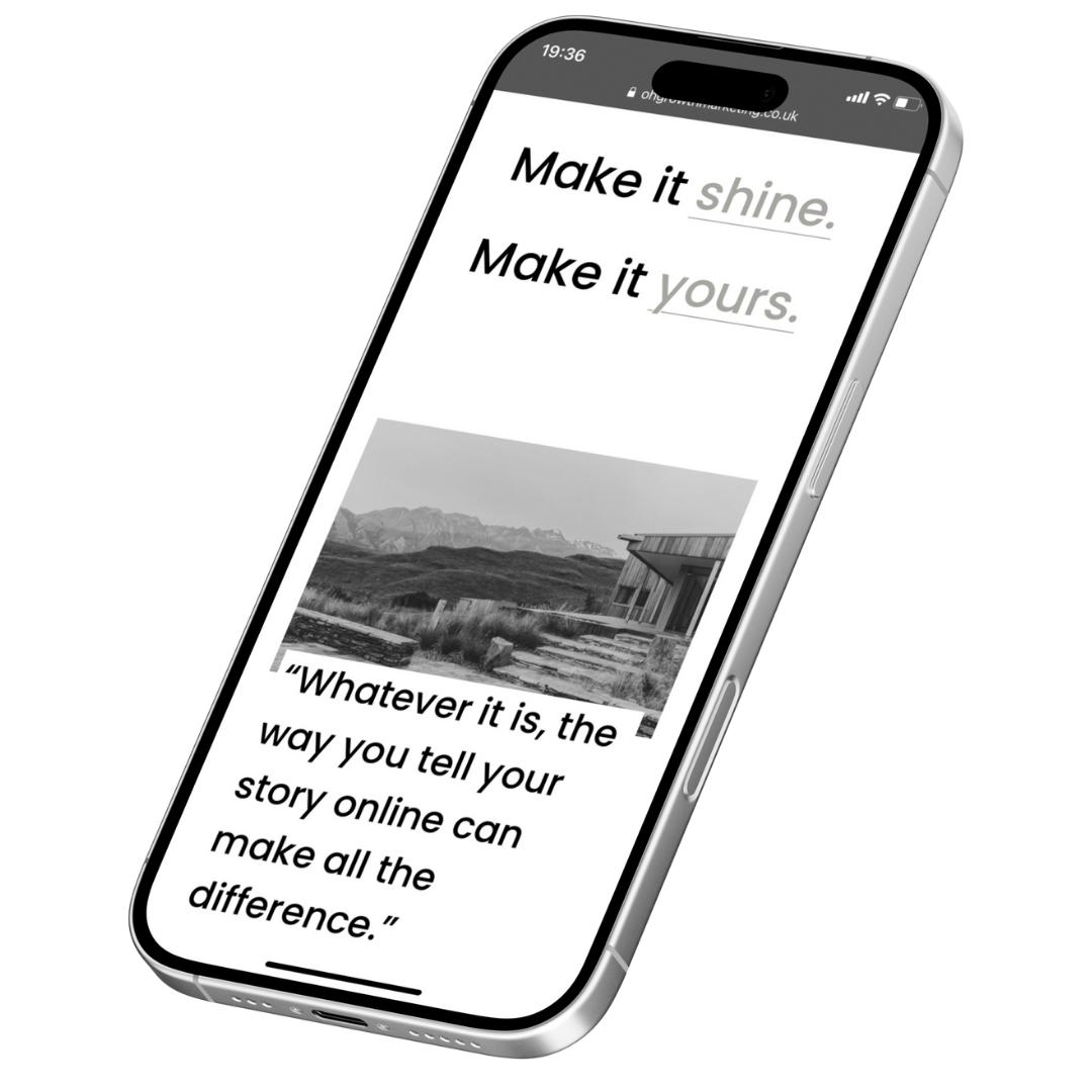An iPhone displaying a website with the message "Make it shine. Make it yours." and a black-and-white photo of a house in nature.