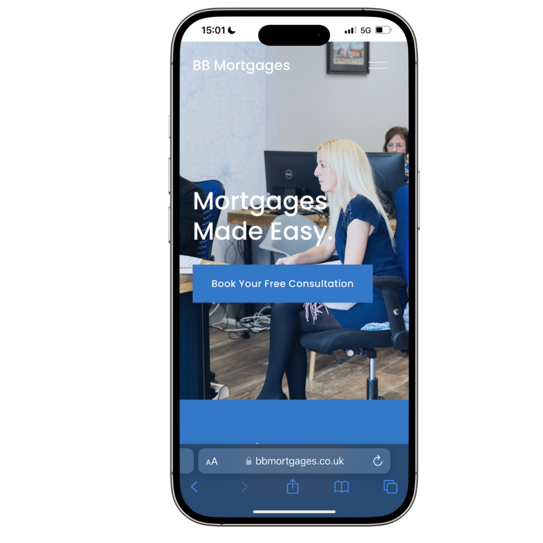 Screenshot of a mobile phone displaying a website for a mortgage company with a woman sitting at a desk and a blue button saying 'Book Your Free Consultation'.