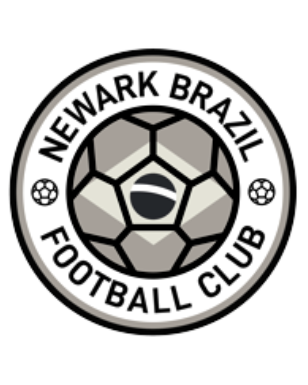 Logo of the Newark Brazil Football Club featuring a soccer ball with a black mark in the center, surrounded by black and gray geometric shapes, and the club's name encircling the design.