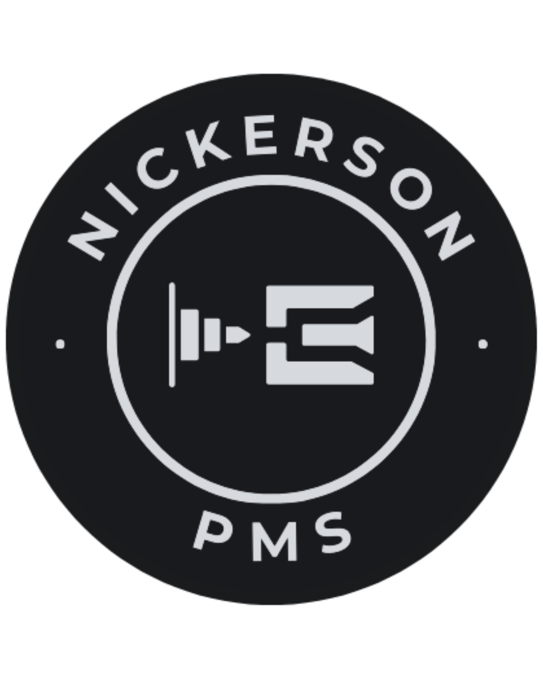 Circular logo with 'NICKERSON PMS' around the top and bottom. In the center, a decimal number '0.5' and a stylized 'V' with an arrow pointing right.