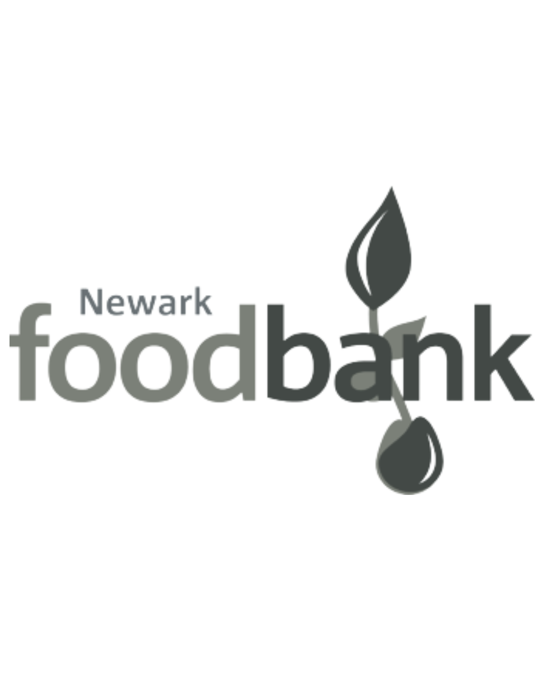 Digital glitch art with large text reading 'foodbank' and smaller text 'Newark', featuring a black droplet icon over a distorted background.