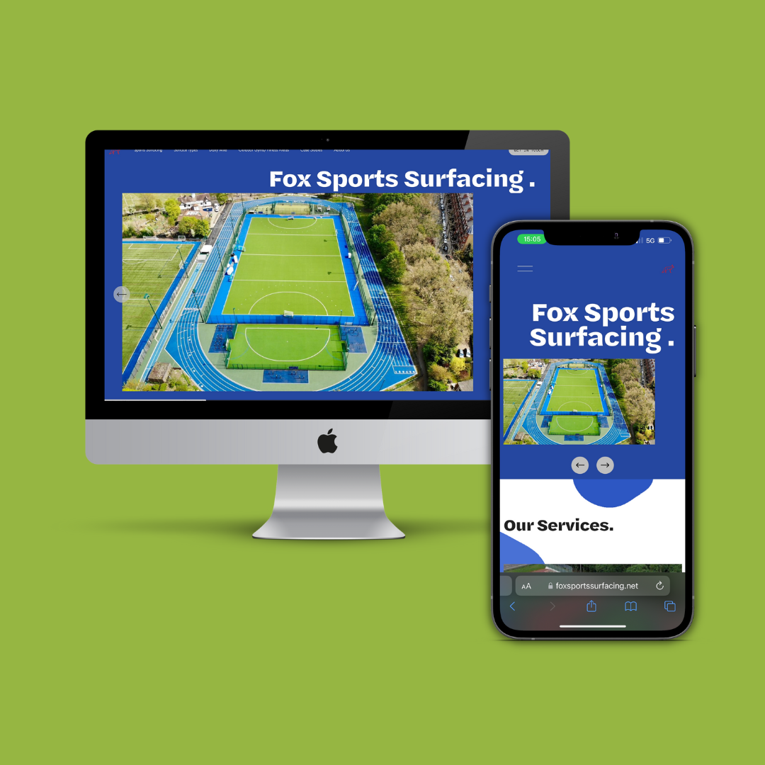 A computer and a smartphone display a website for Fox Sports Surfacing, featuring aerial views of sports fields with blue running tracks and green grass fields, set against a green background.