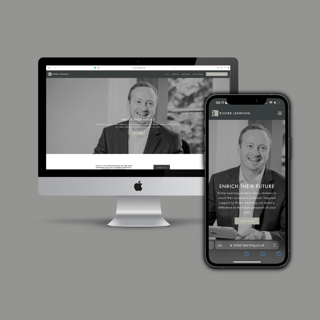 A computer and a smartphone displaying the website for Richer Learning, featuring a smiling man in a suit with a blurred window and outdoor setting in the background on both screens.