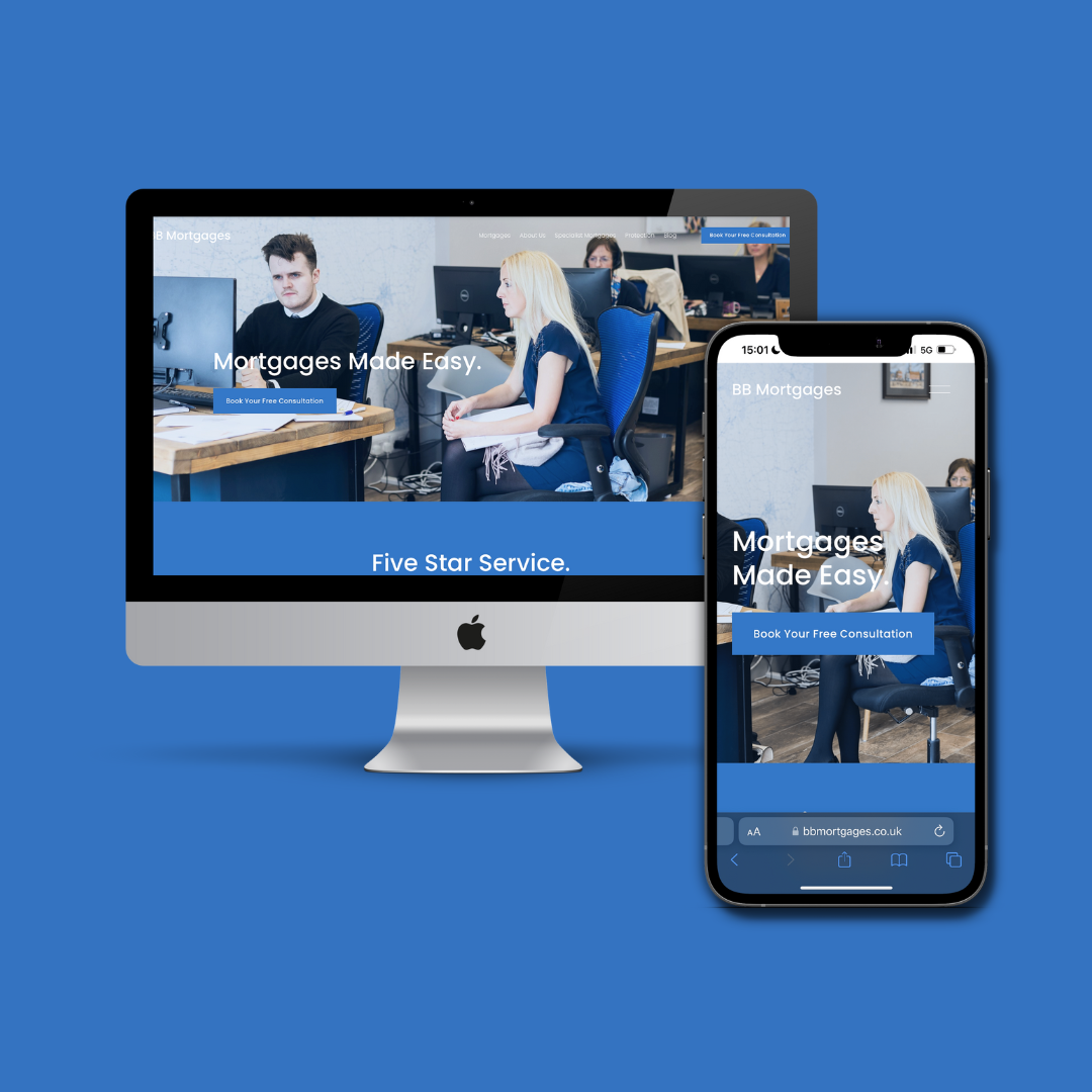 A desktop computer and a smartphone displaying the website for BB Mortgages, with the homepage showing a group of people in an office setting and the text "Mortgages Made Easy."
