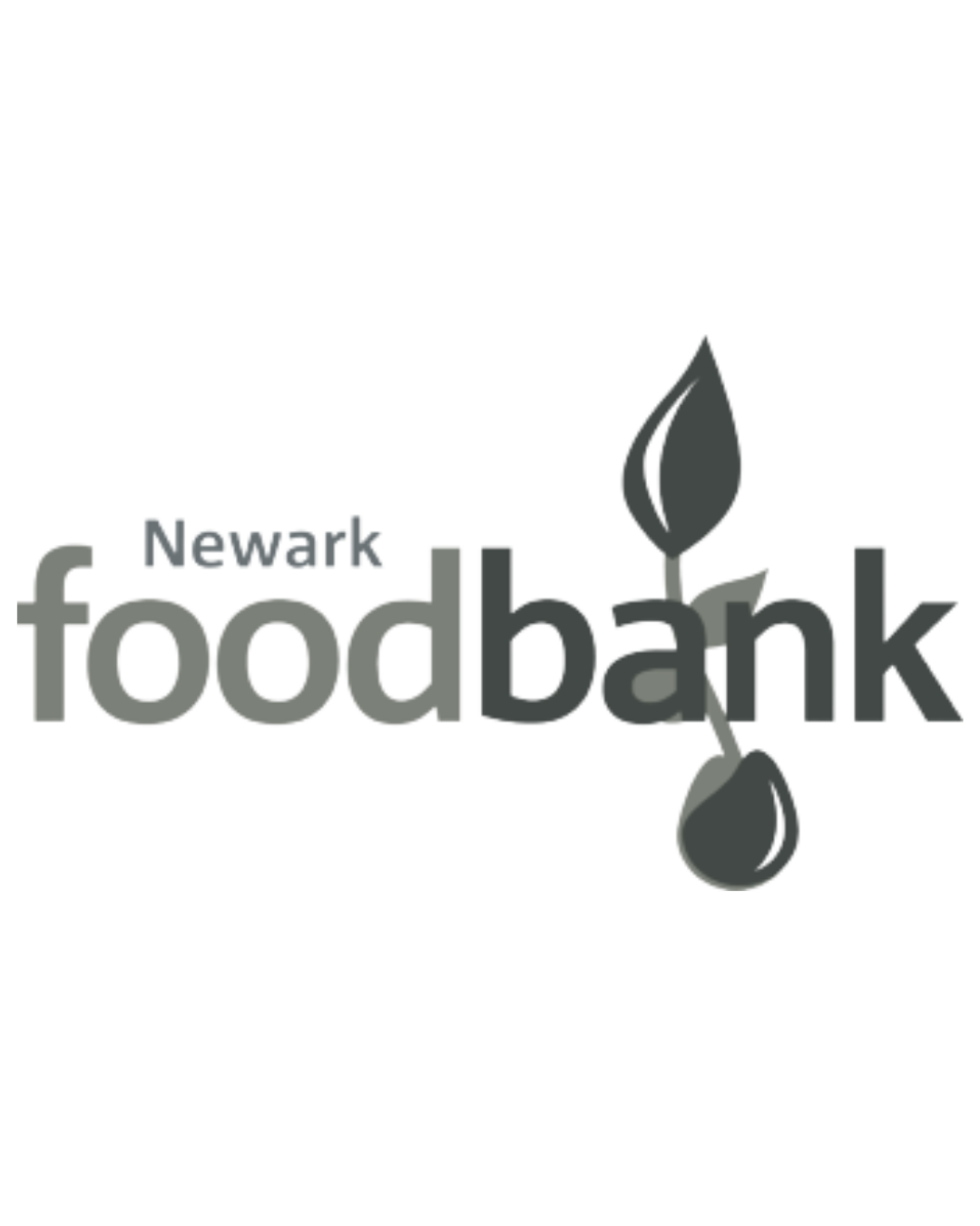 Glitched digital graphic with the text 'foodbank' in large letters, featuring a large black drop and a smaller black drop, and the word 'Newark' in smaller print.