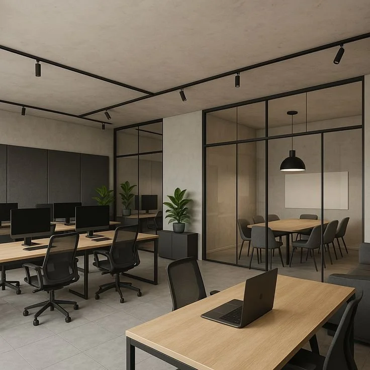 Modern office space with rows of desks and computers, a separate glass-enclosed meeting room, and minimalist decor including potted plants and a laptop on one desk.