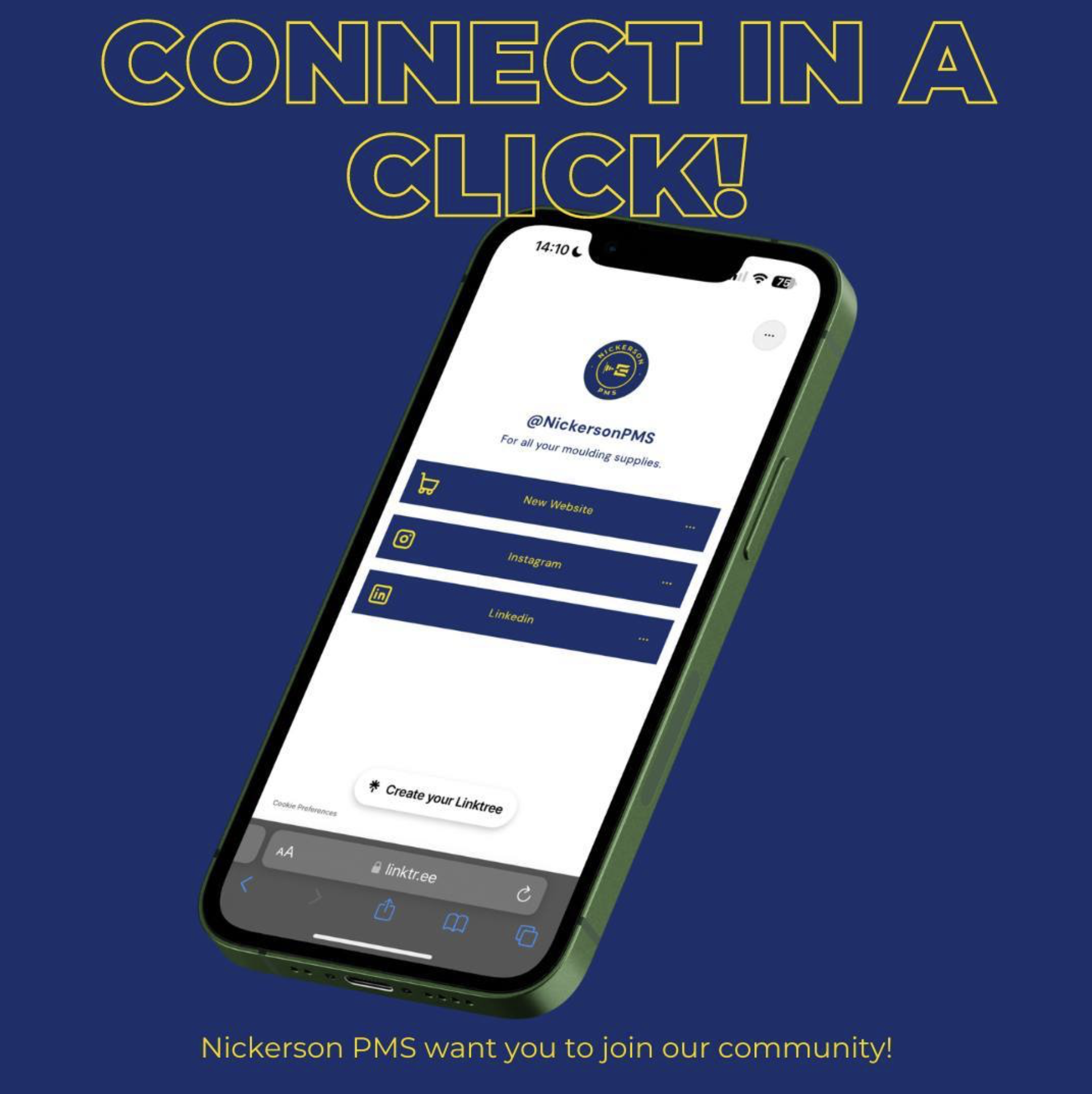 A digital graphic promoting Nickerson PMS, with the text "Connect in a Click!" at the top, and an image of a smartphone displaying the Nickerson PMS website and social media links. The background is dark blue and the website and social icons are yell