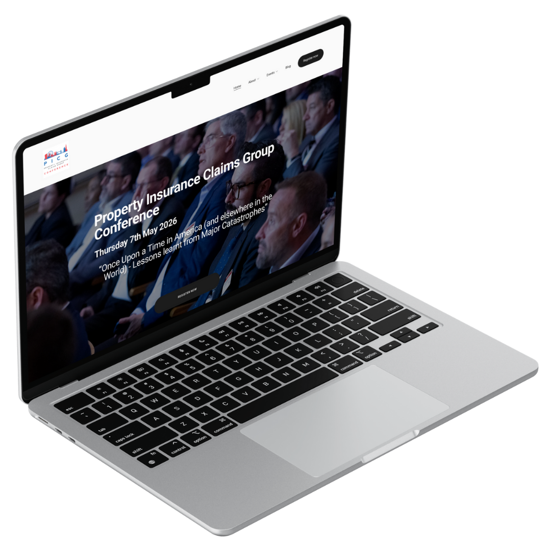 Laptop displaying a conference webpage for the Property Insurance Claims Group Conference scheduled for May 7, 2026, with a background image of an audience attending the event.