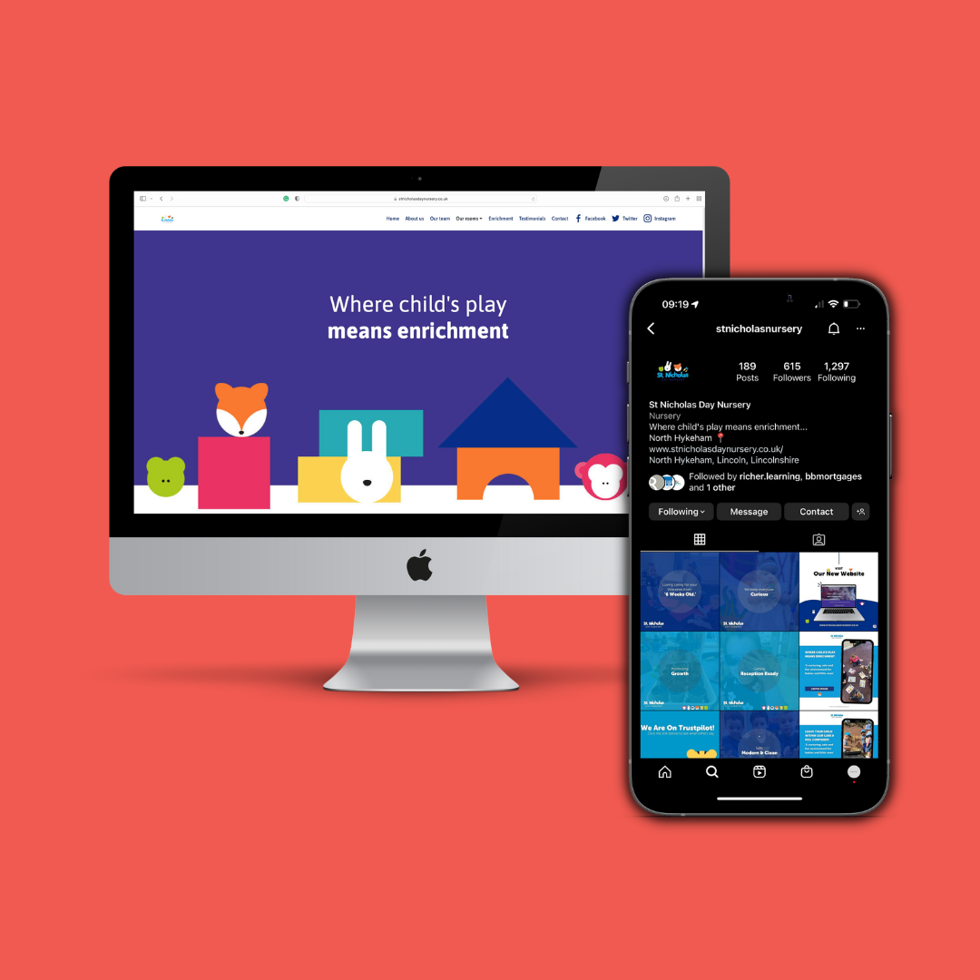 Digital devices displaying the website and Instagram page of St Nicholas Day Nursery, featuring colorful animal and house illustrations with the slogan 'Where child's play means enrichment.'