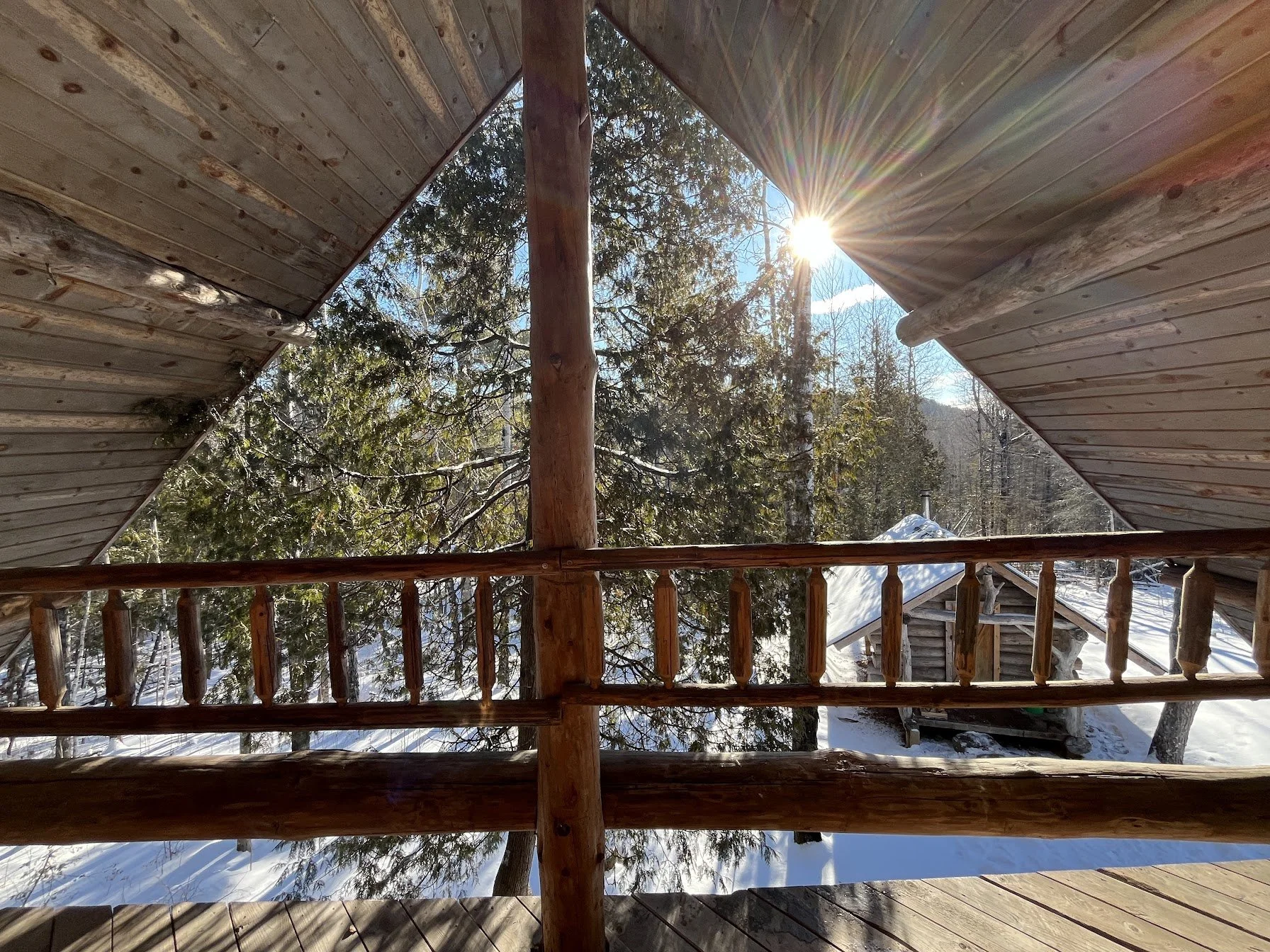 inside the cabin looking out in winter