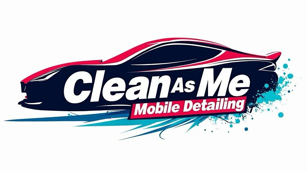Logo for Clean As Me Mobile Detailing featuring a stylized black and red sports car with blue water splashes and the business name.