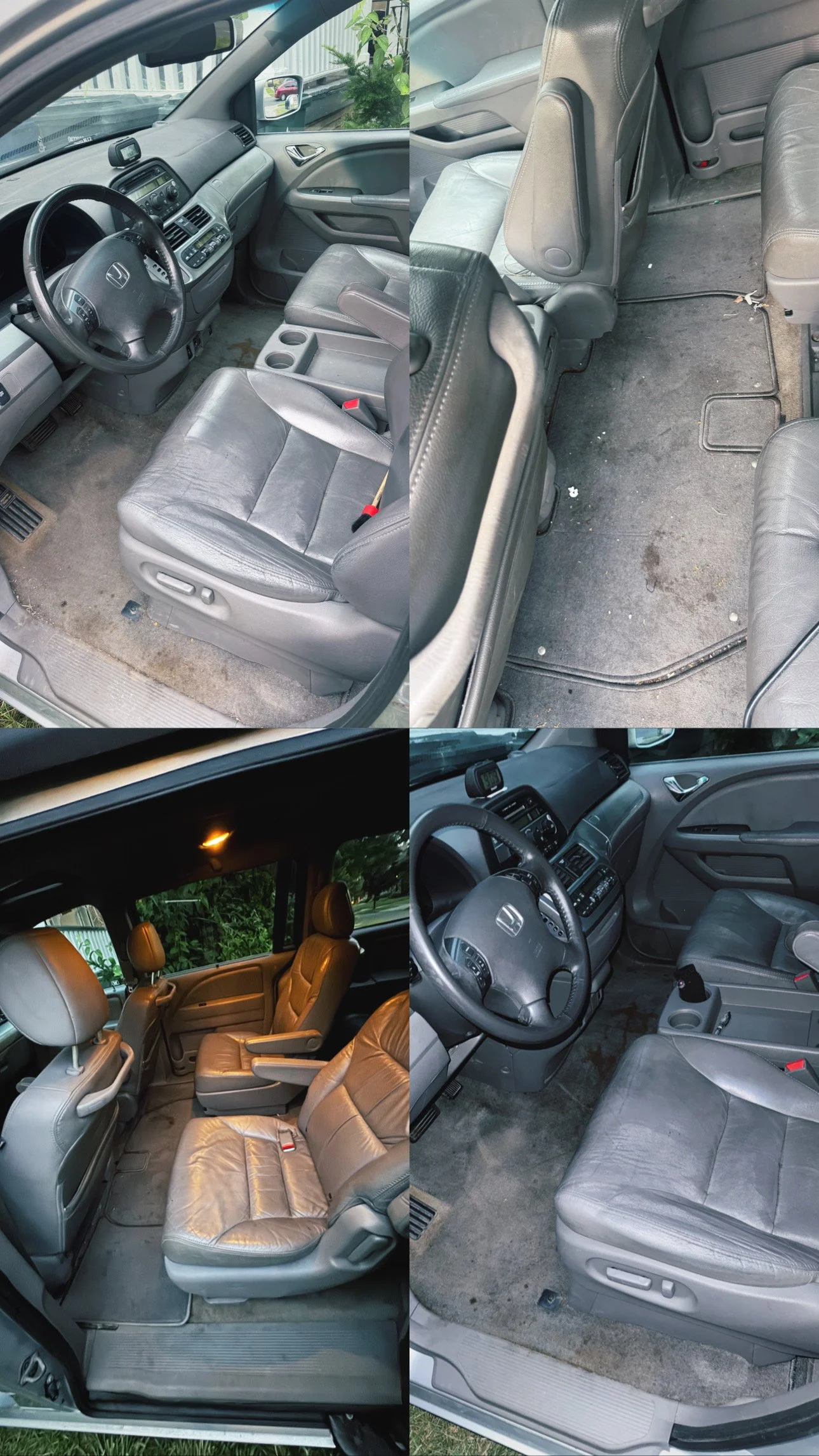 Collage of four interior photos showing different seats and floors of a Honda minivan. The photos include the front driver and passenger seats, the second row with captain's chairs, and the overall interior including the dashboard and windows.