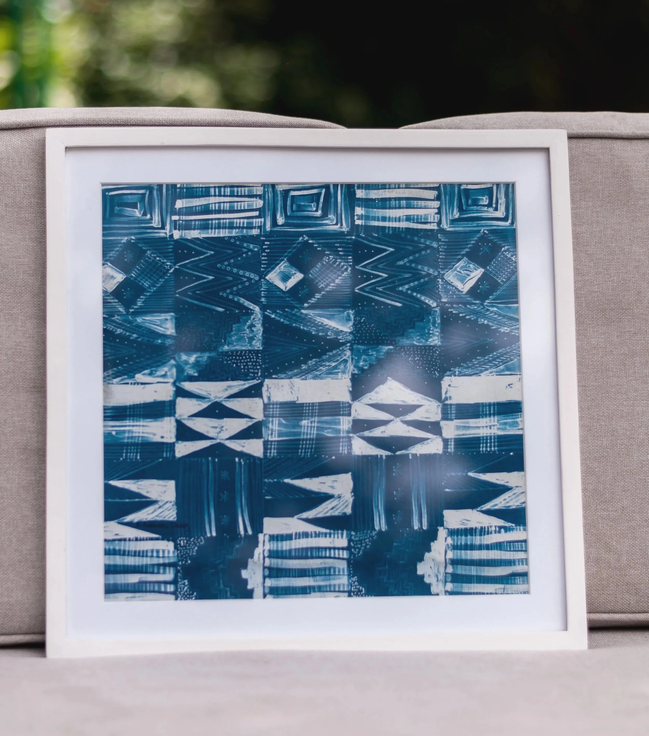 Elizabeth Ashamu Deng, Kente, 2021. Cyanotype print on watercolor paper, 30 cm × 30 cm.