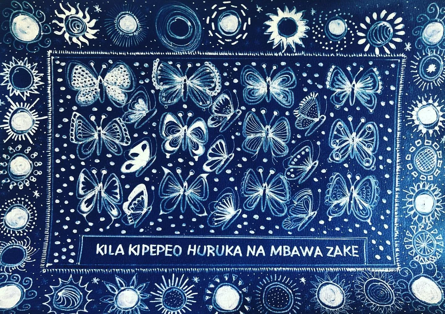 Elizabeth Ashamu Deng, Every Butterfly Flies with Its Own Wings, 2021. Cyanotype print on watercolor paper, 33 cm × 27 cm.
