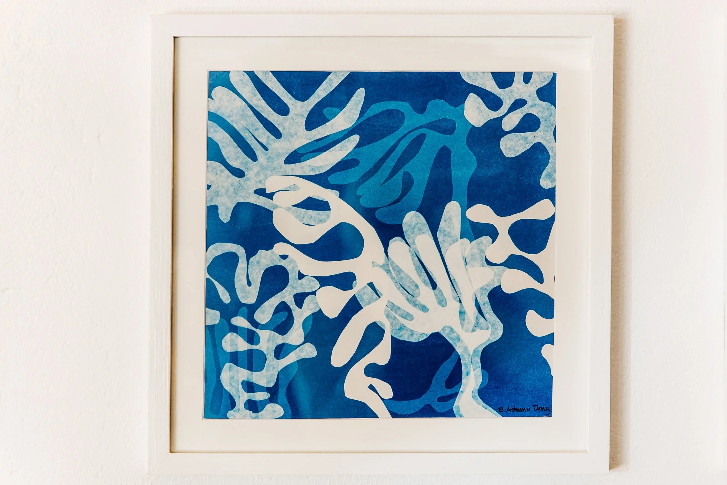 Elizabeth Ashamu Deng, Coral Dance, 2025. Cyanotype print on watercolor paper, 30 cm × 30 cm.