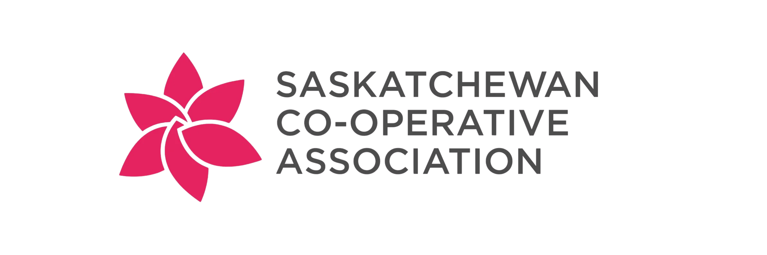 Logo of Saskatchewan Co-operative Association with a pink flower graphic and black text.