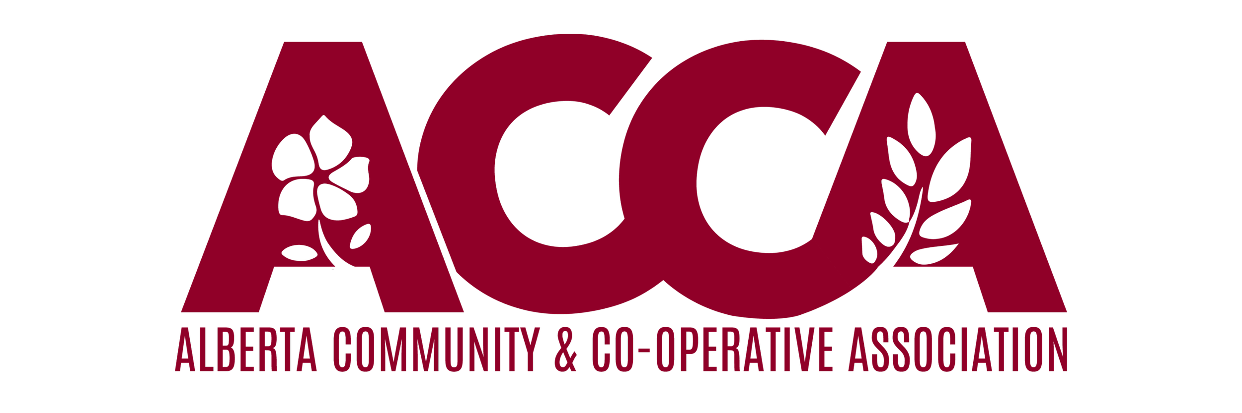 Logo of Alberta Community and Co-operative Association with large maroon letters AACAA on a black background, with floral design elements on the 'A's and the text 'Alberta Community & Co-operative Association' underneath.