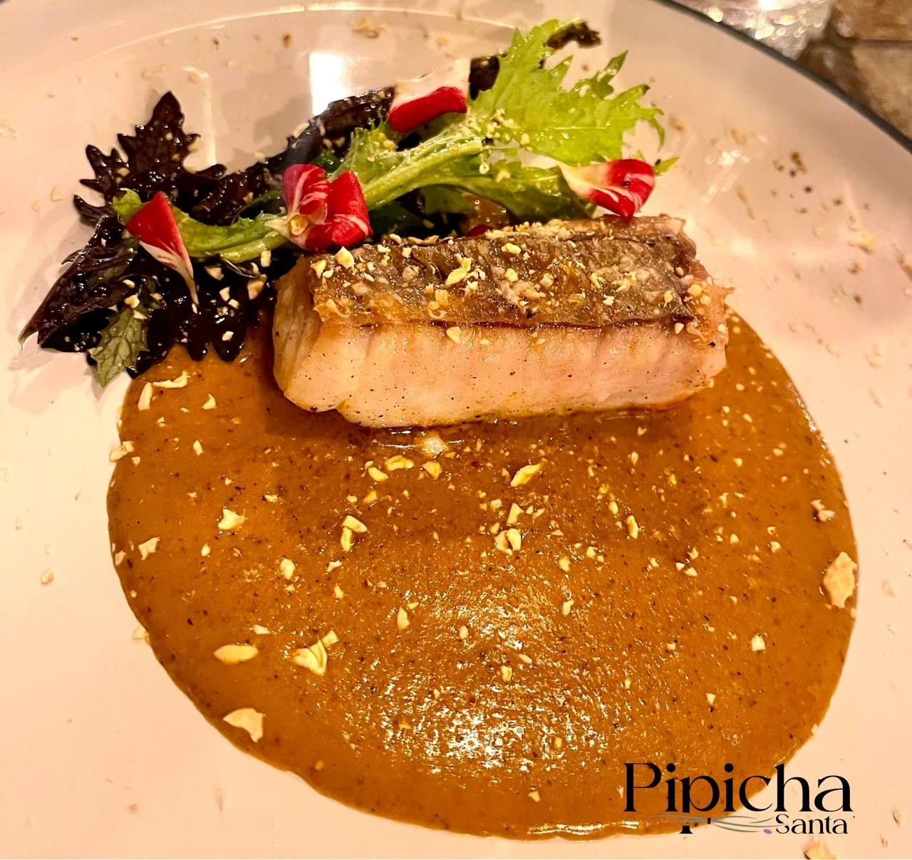 A plated dish featuring a piece of seared fish topped with herbs, served with a sauce and garnished with chopped nuts, alongside a small salad with mixed greens, radish slices, and a creamy dressing.