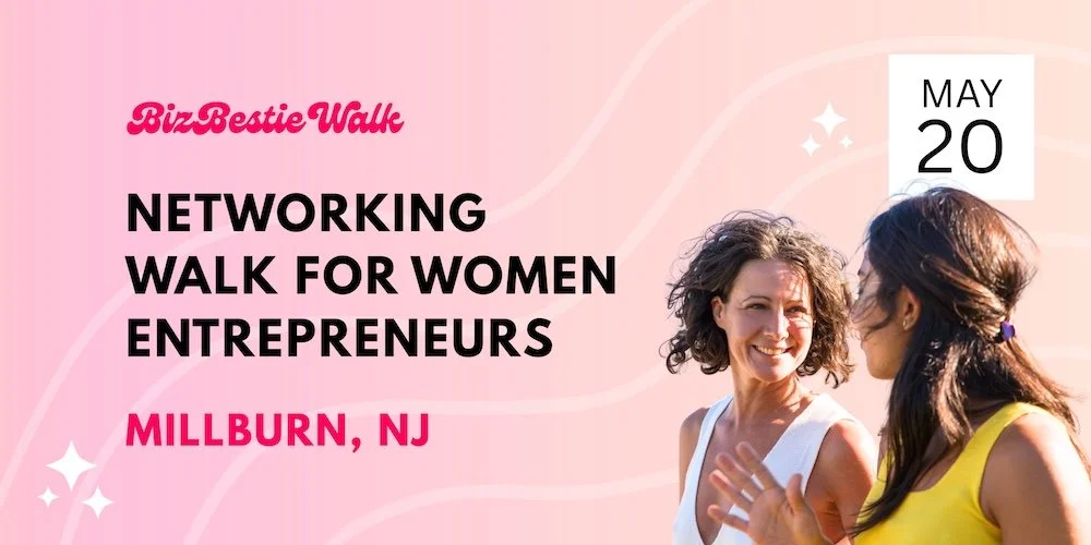 Two women conversing during a networking walk event in Millburn, NJ, scheduled for May 20, on a pink background with event details.