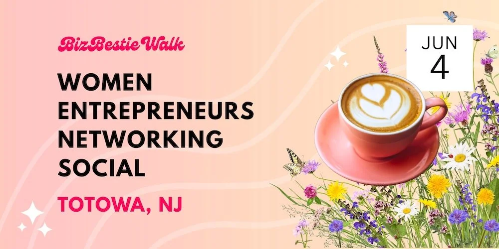 Event flyer for BizBestie Walk in TOWA, NJ on June 4, featuring a pink background, a cup of coffee with latte art, and floral and butterfly decorations.