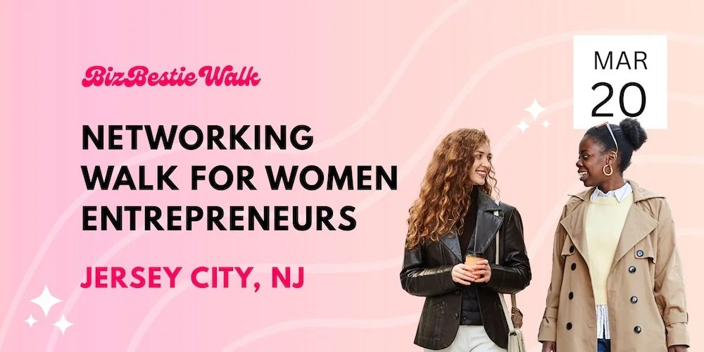 Two women smiling, standing outdoors and looking at each other, at a networking walk event in Jersey City, NJ, on March 20.