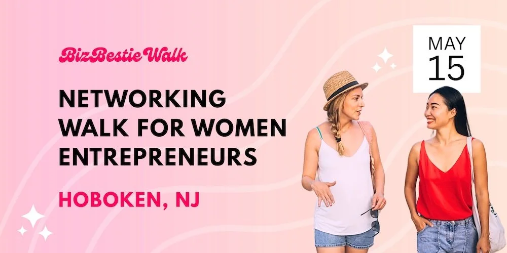 Two women talking at a networking walk event in Hoboken, New Jersey, scheduled for May 15, for women entrepreneurs. The background is pink with white and purple accents, and the women are casually dressed, smiling, and engaging in conversation.