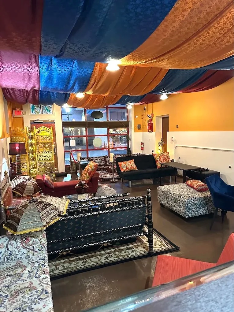 Interior of Dosti & Chai, a modern chai café and community space in Somerville, New Jersey