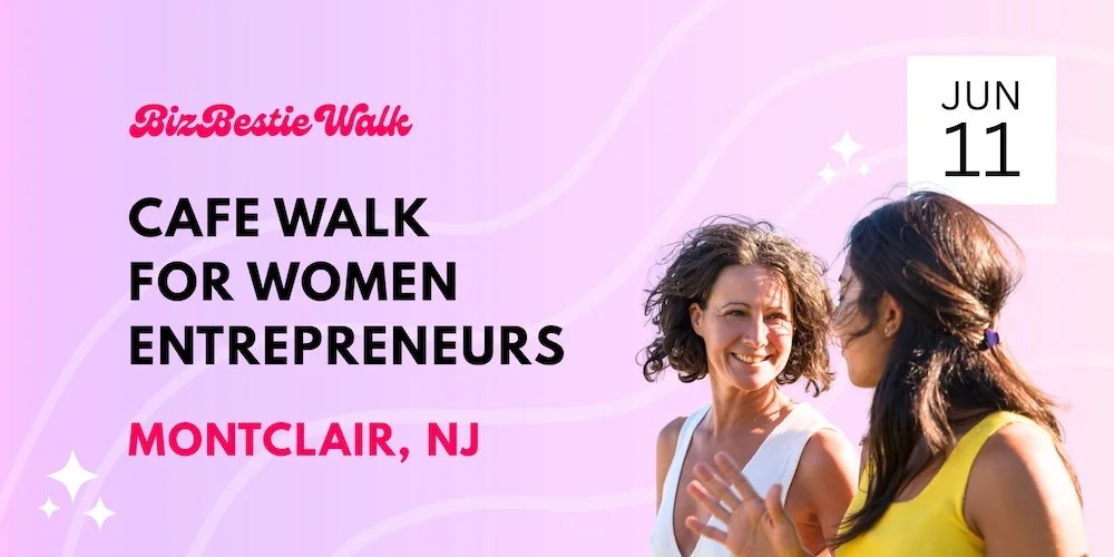 Two women chatting outdoors with a purple and pink graphic background promoting a women's business walk event on June 11 in Montclair, NJ.