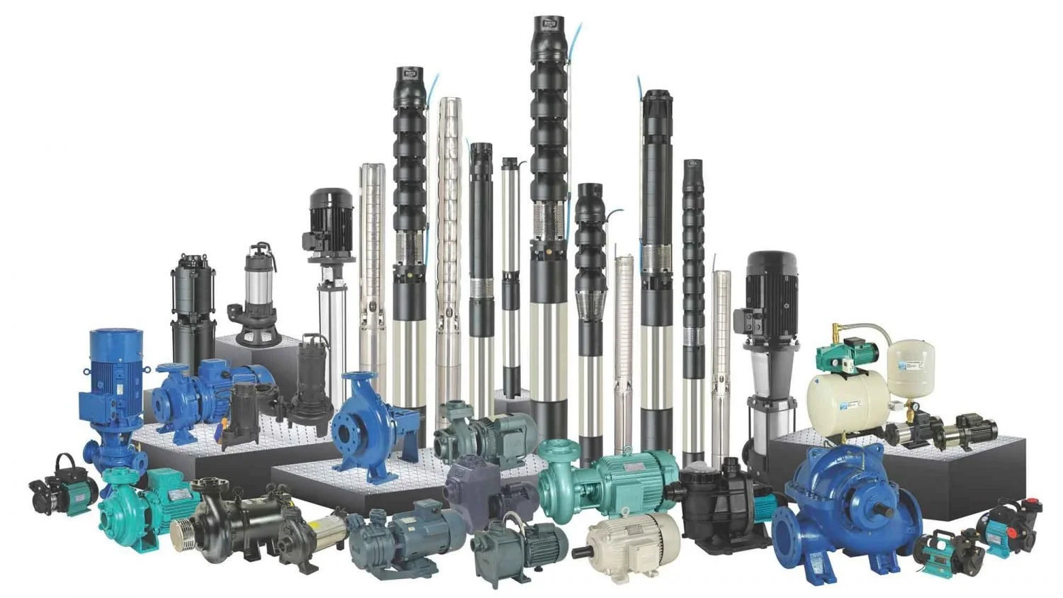 Various industrial pumps and pump components arranged on platforms, including vertical, horizontal, and submersible models in blue, black, green, and beige colors.